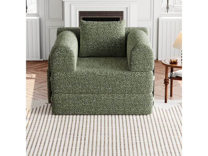 Fauteuil convertible 2-en-1 en chenille avec rangement dans l’accoudoir, canapé-lit 1 place modulable à structure métallique - vert - Conforama B