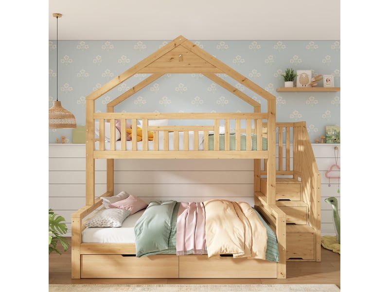 Lit mezzanine superposé enfant 90x200140x200 cm en bois chêne avec maison, escalier sécurisé, tiroirs de rangement, lit familial multifonction IKSETERA TRADING LTD - Conforama D