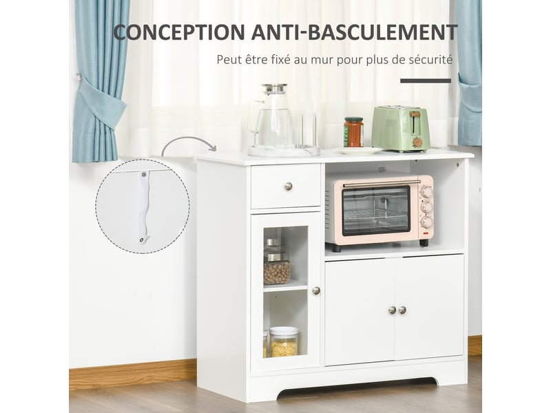  Meuble micro-ondes, buffet cuisine, armoire de rangement, pour cuisine, blanc, salle à manger 90 x 40 x 82 cm verre trempé et bois  - Conforama W