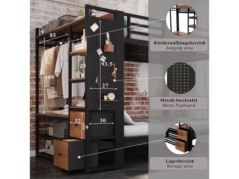  Lit superposé 120 x 200 cm, lit en métal noir avec finition effet bois, avec armoire de rangement et panneau perforé  - Conforama E
