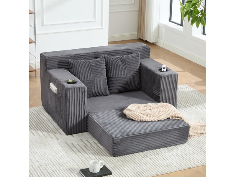  Canapé convertible 2 places modenvie en velours côtelé gris avec coussins, porte-gobelet et poches latérales  - Conforama E