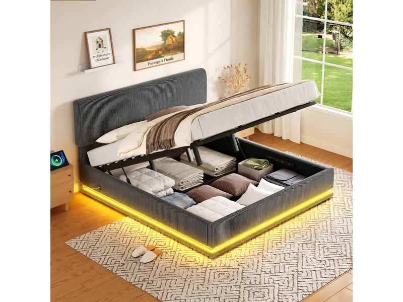  Lit en velours côtelé gris foncé avec coffre, led, usb-c et tête réglable, couchage 160 x 200 cm  - Conforama D
