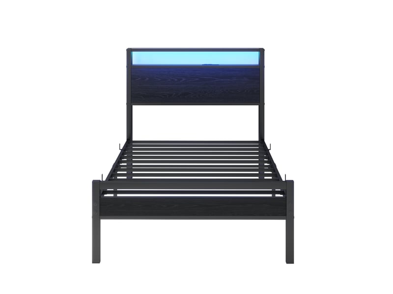  Lit coffre, lit enfant 90x200 cm, tête de lit avec rangement, led, usb, métal et bois noir  - Conforama B