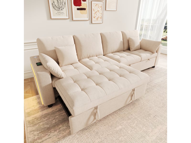 Canapé d'angle convertible - 2 couchages coulissants indépendants - éclairage led - ports usb et usb c - éléments réglables - beige - Conforama C