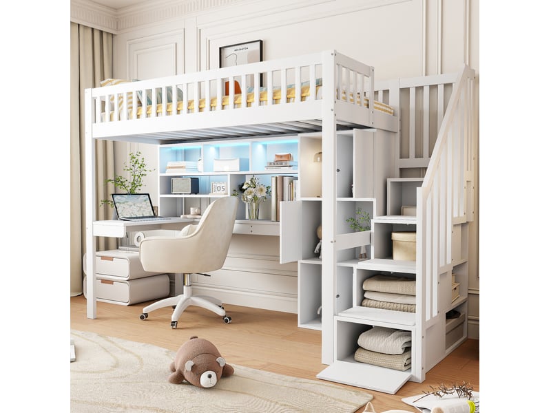  Lit mezzanine 90x200 cm avec bureau, rangements et led blanc  - Conforama D