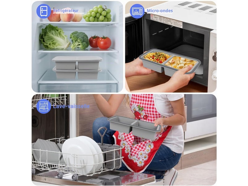 Moule à soupe en silicone avec couvercle, boîte à lunch compartimentée, 2 compartiments, 1000 ml, ensemble de 2 pièces, gris ZYS01845LHY - Conforama E