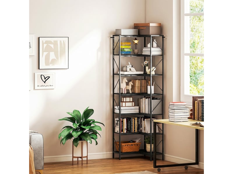  Bibliothèque d'angle à 7 niveaux industriel avec étagères de rangement, 60 x 60 x 198 cm, noir  - Conforama C