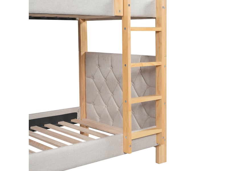  Lit superposé enfant 90x200 cm – gris et naturel – escalier 4 marches, bords souples - sans matelas  - Conforama E