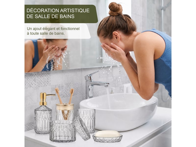  Ensemble salle de bain 5 pièces en verre transparent taillé diamant, distributeur de savon et accessoires assortis  - Conforama R