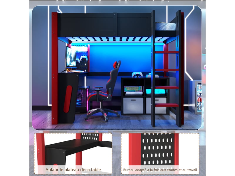 Lit mezzanine 90x200 cm en pin, bureau, panneau perforé, bandeau led, sans matelas, noir - Conforama E