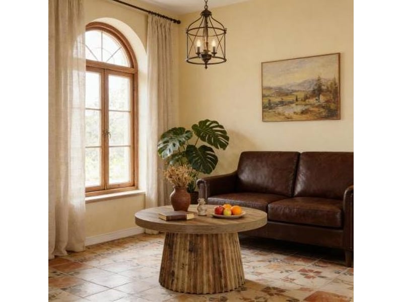  Table basse ronde 80x80x45 cm pied cannelé mdf marron  - Conforama E