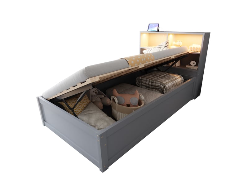 Lit coffre 90x200 cm avec led et prise multifonction gris - Conforama A