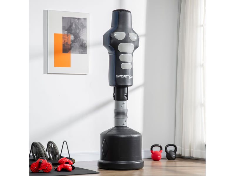  Mannequin de boxe, autoportant, réglable en hauteur, base lestée, cuir synthétique, noir + gris + bleu, 55 x 55 x 178-207 cm  - Conforama D