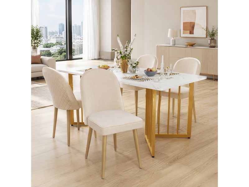 Chaises de salle à manger lot de 4 dossier courbé  - pieds en métal doré velours beige  - Conforama C