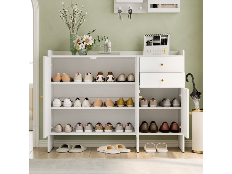 Armoire à chaussures 3 portes 2 tiroirs avec poignées métal, rangement spacieux et sécurité anti-bascule pour entrée, blanc 120x90x35 cm evarich - Conforama B
