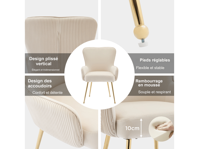 Chaise de salle à manger en velours beige, lot de 2, pieds en métal doré, accoudoirs et pieds réglables, style chic - Conforama D