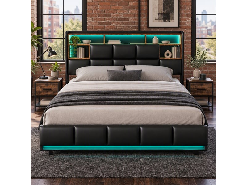  Lit coffre 2 places 140x190 cm avec rangement, lit adulte, niches, led, port usb, tissu en fond, pu noir  - Conforama D