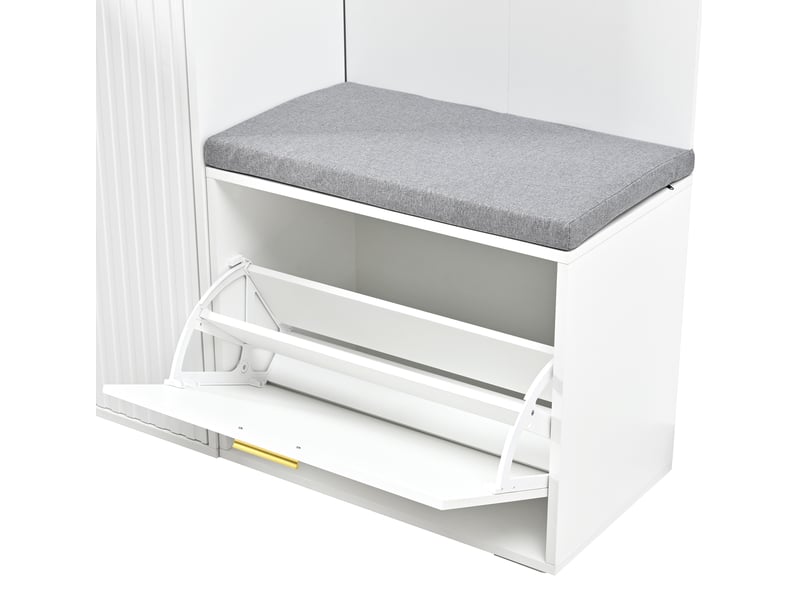  Meuble d’entrée 150x36x180 cm avec miroir, penderie et banc, panneau de particules et mdf, blanc  - Conforama E