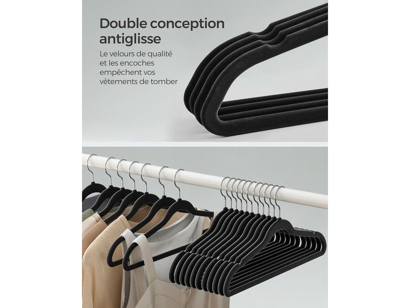  Lot de 20 packs, cintre en feutre noir pour adulte, longueur 42 cm, forme élancée, grande capacité de charge, avec crochets, idéal pour accrocher des manteaux et des chemises  - Conforama B