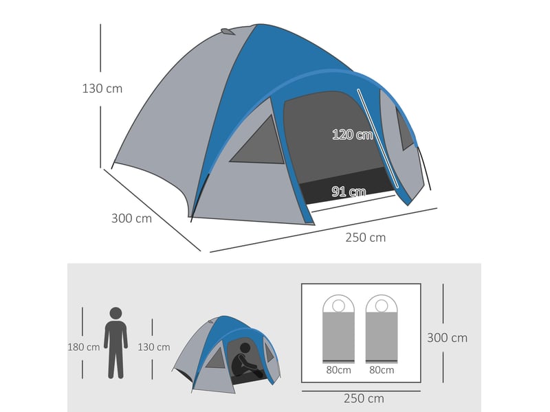 Tente dôme double paroi 4 personnes 300 x 250 x 130 cm bleue en polyester, adaptée aux 4 saisons - Conforama C