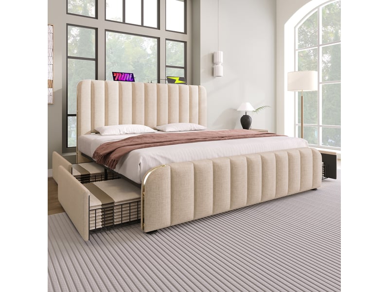 Lit double beige 180 x 200 cm avec matelas, 4 tiroirs, ports usb et type-c - Conforama D