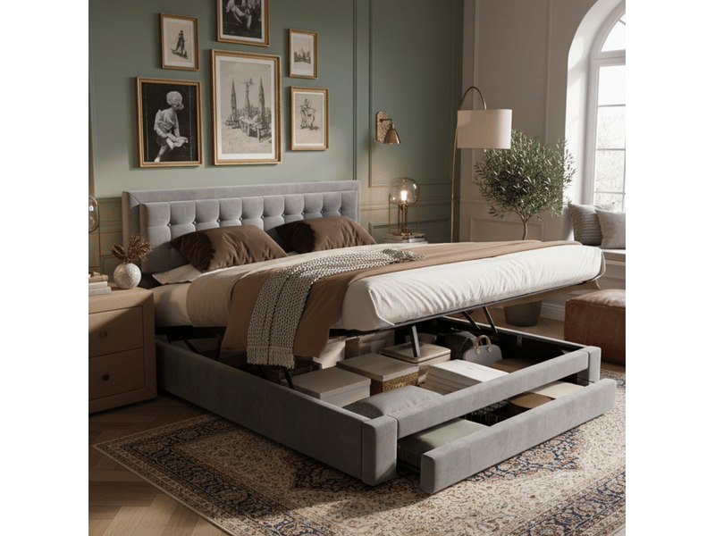  Lit coffre tcqpz 180 x 200 cm en velours gris avec tiroirs et tête de lit réglable  - Conforama B