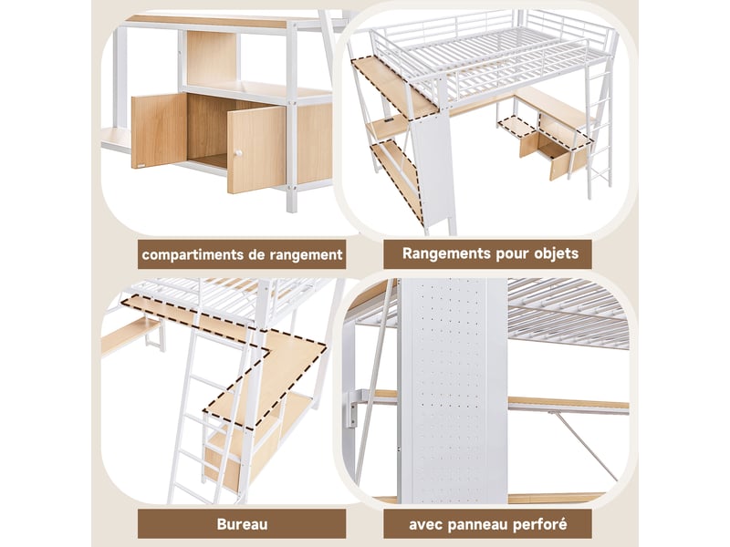  Lit mezzanine 90 x 200 cm avec rangements intégrés, bureau intégré, éclairage led, en métal – blanc, matelas non inclus  - Conforama E