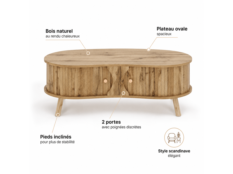 Table basse en forme de pois avec effet rainuré deux portes coulissantes piètement en bois massif et plateau en mdf aspect bois - Conforama D