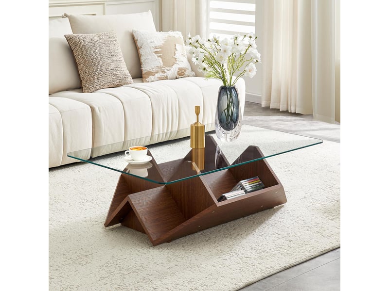  Table basse avec rangements en verre trempé et mdf coloris noyer 103x63x33,5 cm - pangivo  - Conforama B