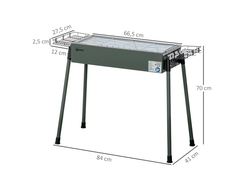  Barbecue au charbon de bois, 2 grilles de cuisson, 1 grille à charbon, 2 paniers latéraux, acier inoxydable, vert foncé, 94 x 39 x 70 cm  - Conforama E