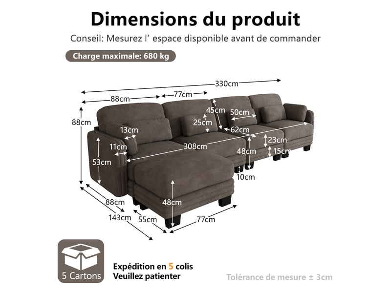 Canapé d’angle modulable 330 cm 4 places avec pouf, coussins d’accoudoir amovibles, coussins lombaires épais à soutien renforcé, chenille, brun café - Conforama D