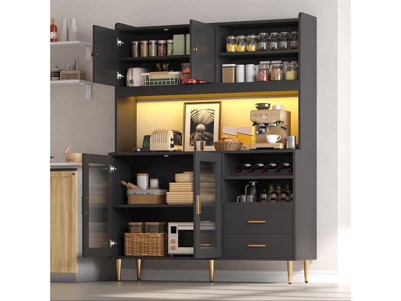  Buffet haut 130 x 40 x 172 cm - armoire de cuisine avec led, prises, casier à vin et tiroirs - noir  - Conforama D
