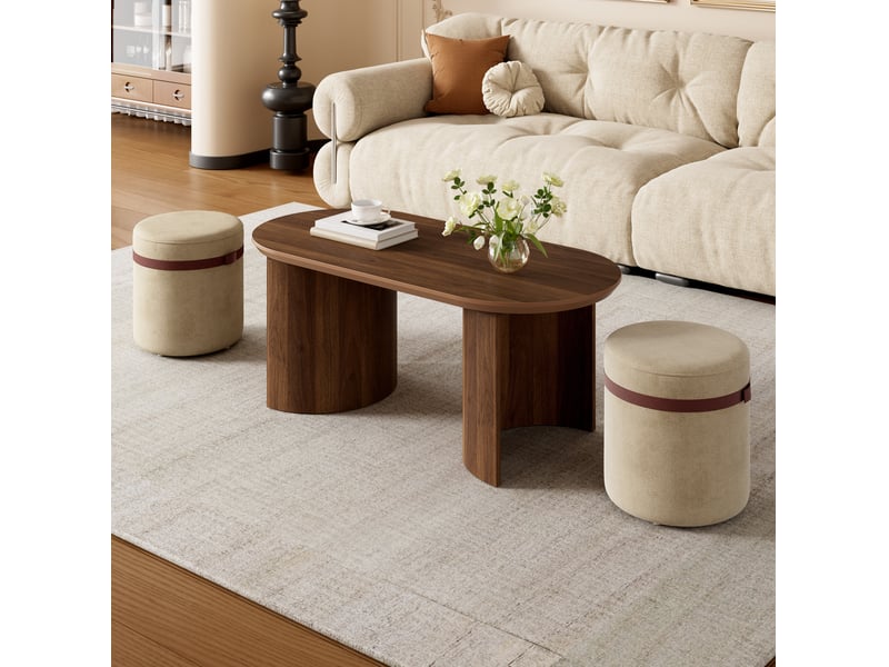Table basse ovale avec 2 tabourets rembourrés, plateau mdf, style moderne pour salon, noyer 108 × 50 × 44 cm - Conforama E