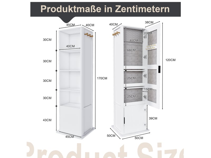  Armoire à bijoux pivotante 360 degrés avec miroir sur pied, rangement, étagères et 6 crochets, blanche  - Conforama C