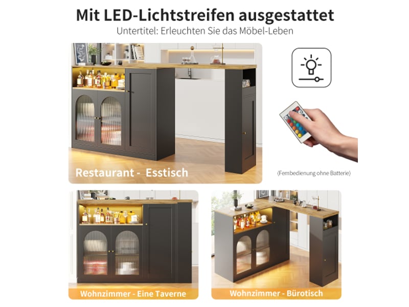Table de bar pivotante à 360° (198 × 39,6 × 97 cm) avec éclairage led. Design noir mat et bois, avec porte en verre. - Conforama W