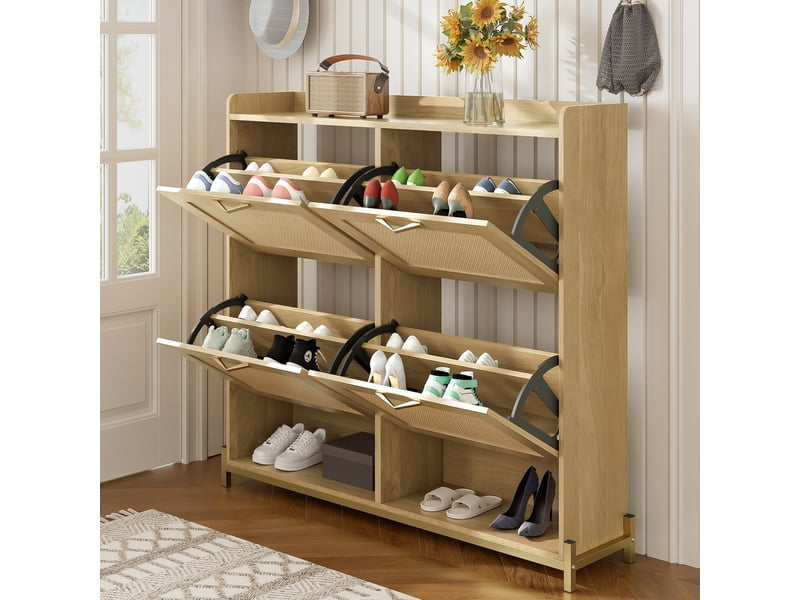  Meuble à chaussures 16 paires l108.5xp24xh100cm | 4 portes cannage rotin et métal | plateau rebord gain de place - chêne clair DreamMespace - Conforama C