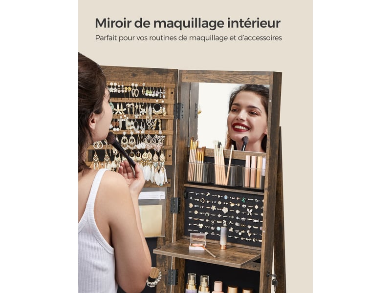 Armoire à bijoux avec miroir sur pieds verrouillable avec 6 led rangement bijoux pivotant à 360° miroir psyché sans cadre 3 étagères de rangement marron 12_0003930  - Conforama E
