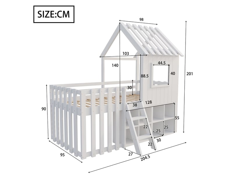 Lit avec rangement enfant 90x200 cm, étagère, toit, fenêtre, escalier, sommier, bois blanc, sans matelas - Conforama C