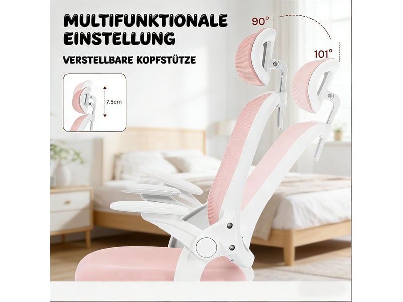  Chaise de bureau ergonomique avec dossier inclinable, appui-tête réglable et accoudoirs 3d en mesh rose  - Conforama D