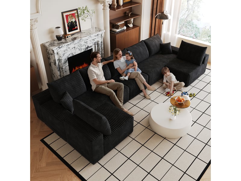 Canapé d'angle noir modulable avec méridienne en tissu côtelé rayé design moderne pour salon - Conforama B