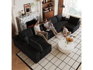 Canapé d'angle noir modulable avec méridienne en tissu côtelé rayé design moderne pour salon