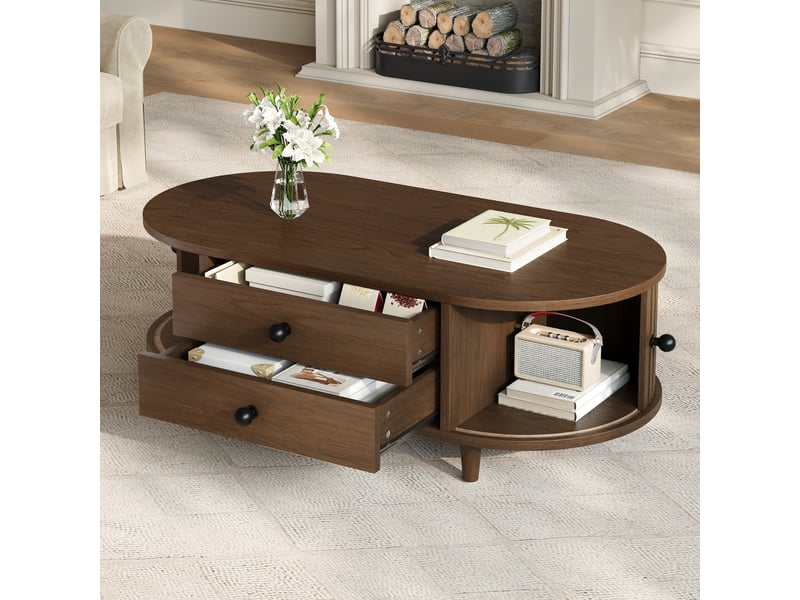 Table basse ovale 100 x 50 x 36 cm, 2 tiroirs et portes tambour, mdf avec pieds en bois massif, noyer Fay Lum - Conforama E