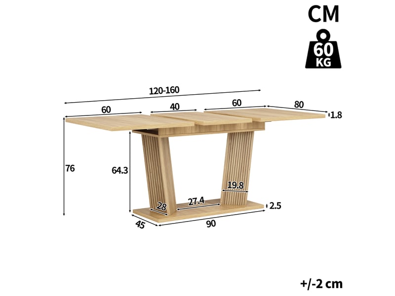  Table à manger extensible 120-160 x 80 cm en mdf et métal, naturel brun clair  - Conforama C