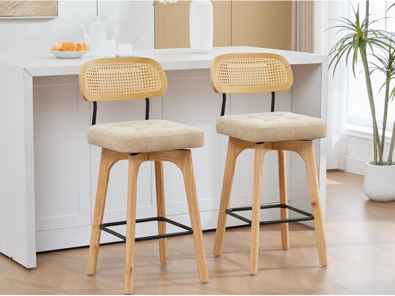  Lot de 2 tabourets de bar pivotants avec dossier effet rotin et assise en chenille beige, piètement bois et métal, design pour îlot central et cuisine  - Conforama B