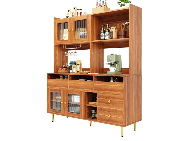  Buffet haut modenvie avec portes en verre cannelé, rangement multi-niveaux, porte-bouteilles, marron noyer, mdf et métal, 145 x 39 x 171 cm  - Conforama A