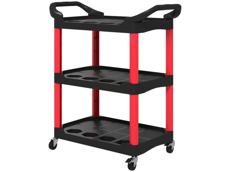  Servante d’atelier mobile 3 niveaux rouge et noire, poignée et crochets, charge max. 91 kg  - Conforama A