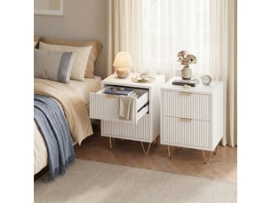 Lot de 2 tables de chevet 40x40x55cm avec 2 tiroirs, bois et pieds en métal, design ondulé moderne, blanc