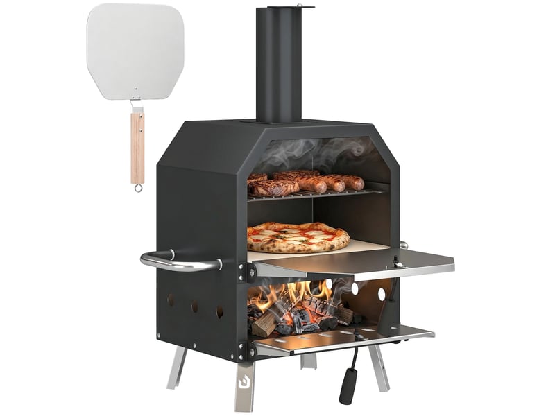  Four à pizza extérieur à bois et charbon 2 étages combiné barbecue fumoir pierre de 30 cm et pelle portable noir  - Conforama A