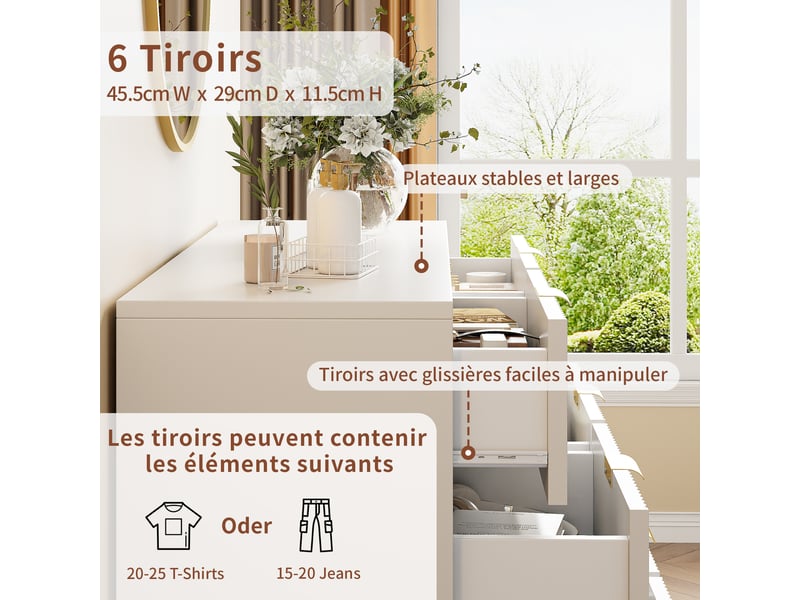 Commode 6 tiroirs 100 cm, commode chambre meuble de rangement moderne avec poignées et pieds dorés - Conforama D
