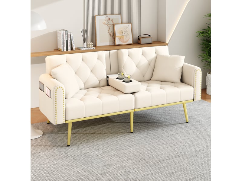  Canapé-lit 2 places 175x80x73,5cm 3 positions porte-gobelet escamotable poche latérale pieds dorés velours beige  - Conforama B